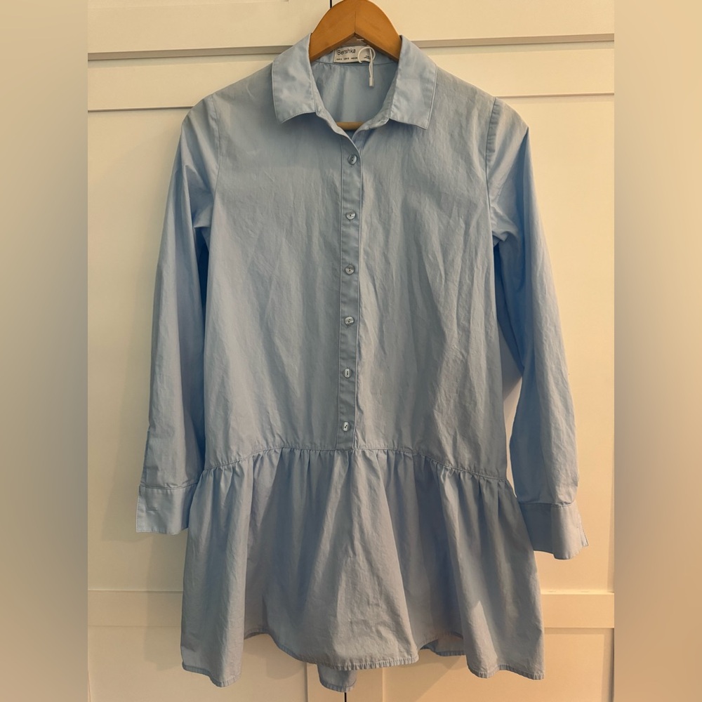 Bershka Light Blue collared shirt dress with flare bottom S